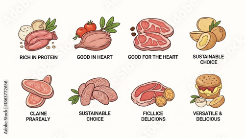 Collection of meat cuts and ingredients flat vector illustration for healthy eating and culinary concepts isolated on white