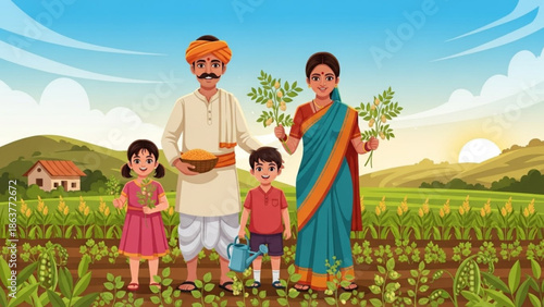 Indian farming family in a field of crops representing agriculture and rural life ideal for concept illustrations