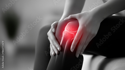 A highly realistic conceptual medical photograph illustrating knee pain and joint inflammation associated with runnerâs knee, osteoarthritis, arthritis, or patellar tendinitis. A w