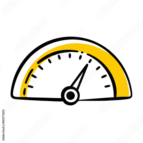This is a hand-drawn semicircular speedometer gauge icon, outlined in bold black lines, with a yellow highlighted range, scale marks, and a centered pointer, rendered on a plain white background.

