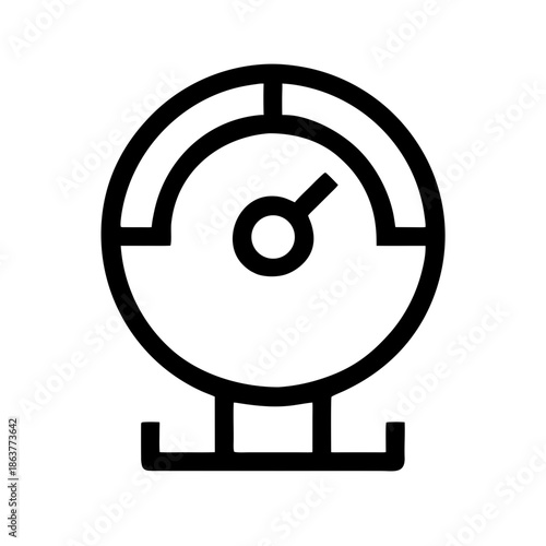 This is a minimalist thin black line icon on a plain white background, depicting a circular gauge meter with a pointer and a simple base stand, representing speed, performance measurement and status 