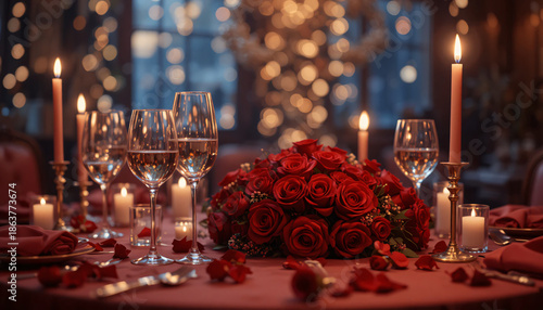 Romantic candlelight dinner setup with red roses and wine glasses on table