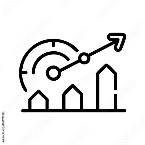 Line icon of a speedometer with a rising arrow and bars. Perfect for performance marketing blogs, SEO sites, and startup platforms. Topics: optimization, scaling, and high-speed growth.