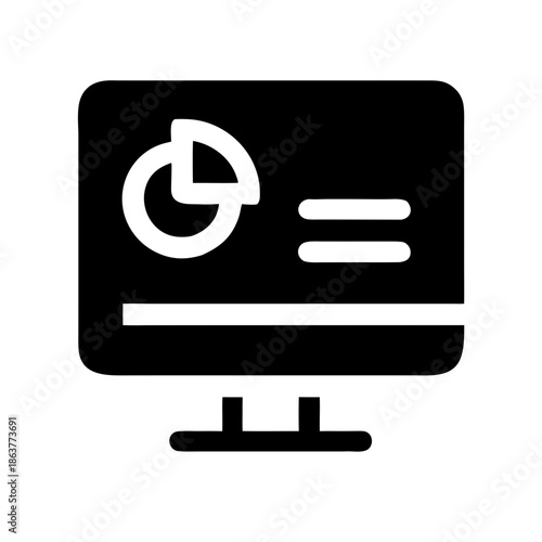 This is a solid black glyph icon on a plain white background, depicting a desktop monitor that displays a pie chart and two text lines, representing data analysis and business statistics.

