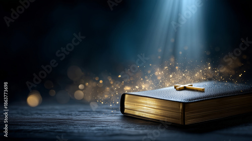 A dramatic, reverent still life featuring a closed Bible resting on a dark textured surface, with a small golden cross placed gently on top of the cover. The book is illuminated by