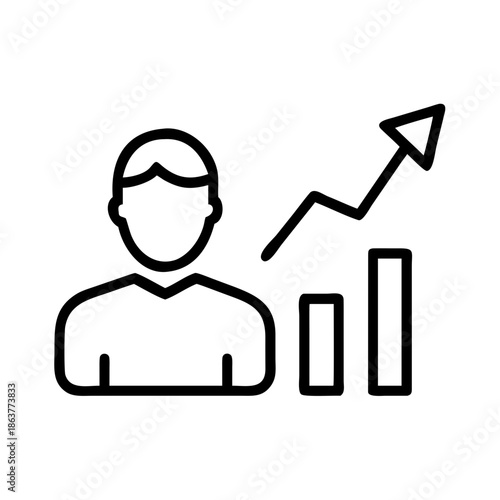Line icon of a person next to a rising growth chart. Ideal for HR blogs, career coaching sites, and recruitment articles on personal development and professional success.