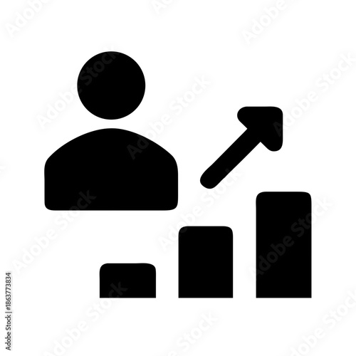 Minimalist icon of a person with a rising bar chart. Ideal for career development blogs, HR recruitment sites, and professional coaching services focusing on individual progress.