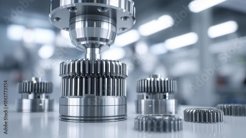 Electric motor assembly process, precision metal components aligned on clean work surface, soft neutral lighting, minimal industrial environment, high clarity, modern engineering aesthetic