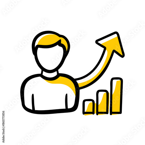 Doodle style icon of a person with a rising arrow and bar chart. Ideal for coaching blogs or HR sites. Topics include personal development, career advancement, and individual success metrics.