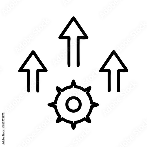 Black line icon showing three upward arrows and a central gear. Ideal for logistics blogs and manufacturing sites on production scaling, system upgrades, and output growth.