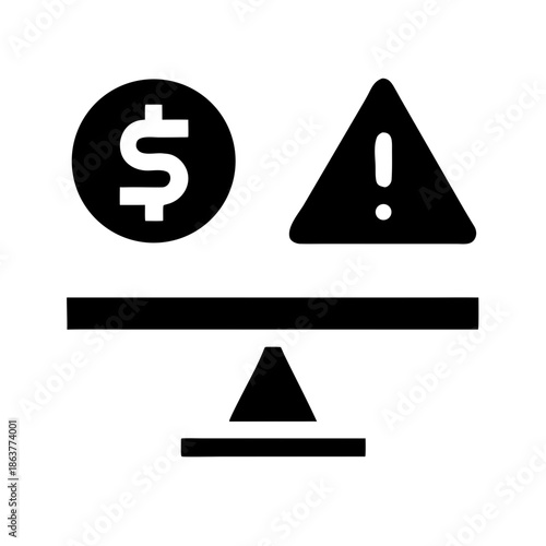 Black silhouette icon showing a dollar sign and warning symbol on a scale. Use for insurance blogs, financial risk management sites, or investment articles about balancing risk and reward.
