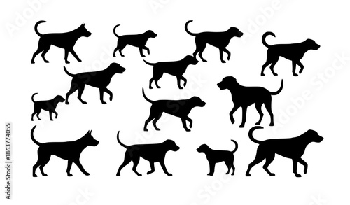 American dog breed silhouettes vector set with walking running and hunting puppy poses isolated on white