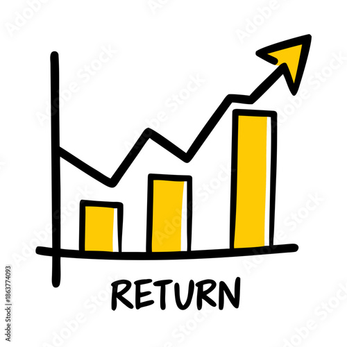 Hand drawn bar chart with a rising arrow and text "RETURN." Use for financial blogs, investment advice sites, or business articles on ROI, market growth, and profit optimization.