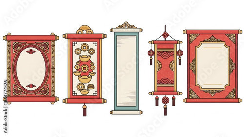 Chinese New Year Decorative Scroll Icons Set