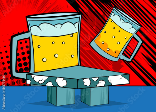 Comic Book Product podium stage for mockup presentation with Beer glass. Retro comics background.
