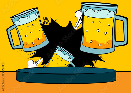 Comic Book Product podium stage for mockup presentation with Beer glass. Retro comics background.