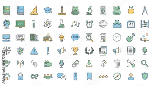 Graphic illustrations of various technology and education icons on a white background 1 (32)
