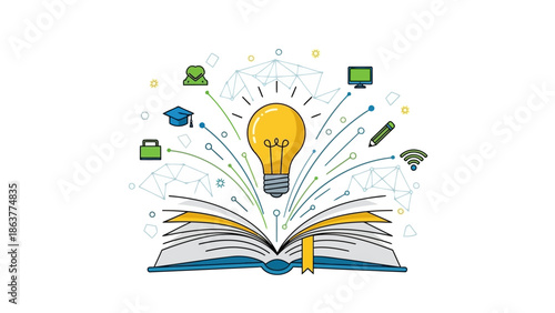 Open book with lightbulb and icons represents learning and ideas in education