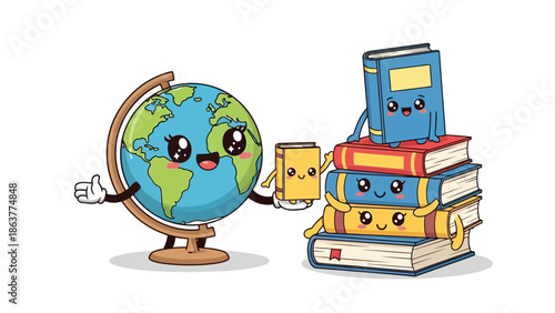 Globe enthusiastically presents books on a stack in an educational setting.