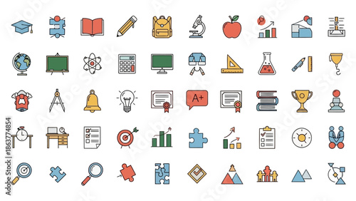 Education icons illustrate learning concepts and academic tools in a digital format 