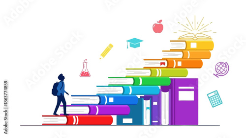 Student climbing colorful book staircase surrounded by education symbols in illustration
