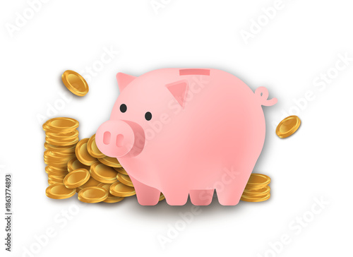 Pink Piggy Bank and Golden Coins for Savings