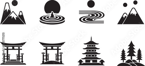 A collection of elegant japanese nature and cultural landmark silhouette icons