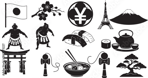 A collection of iconic japanese symbols and cultural elements in a monochromatic style