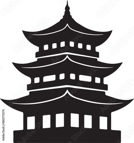Elegant traditional oriental pagoda temple icon in black and subtle grey color scheme