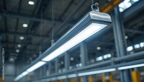 Modern industrial LED light fixtures hang in a large warehouse interior. Bright linear lamps illuminate the vast factory space. Rows of lights provide powerful illumination for production areas.