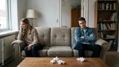 A young adult couple sits distant on opposite ends of a sofa in a contemporary living room, both visibly withdrawn and emotionally distressed. The woman gazes thoughtfully towards the window, appearin