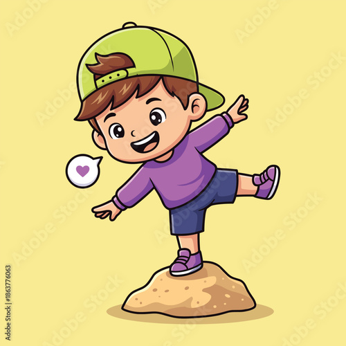 Cute Happy Little Boy Balancing on Rock Cartoon Vector Illustration