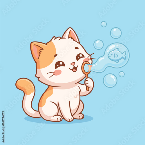 Cute Cartoon Kitten Blowing Bubbles – Kawaii Cat Vector Illustration on Blue Background