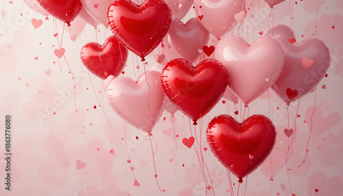 Romantic red and pink heart shaped balloons floating on soft pink background with heart