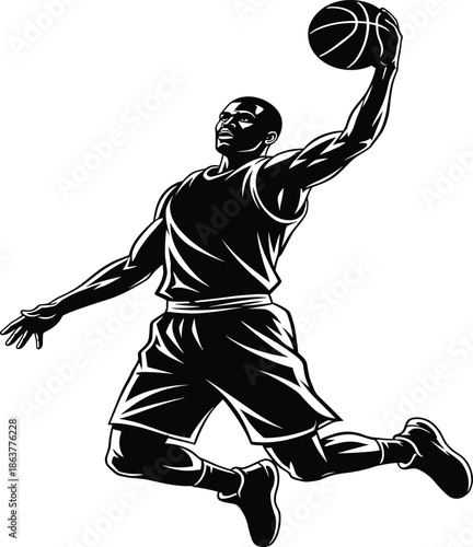 Dynamic Basketball Player Slam Dunk Vector: High Contrast Sports Action Illustration Isolated on White