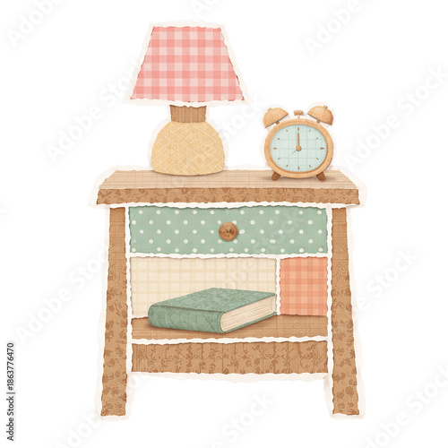 Paper collage illustration of nightstand with lamp and clock