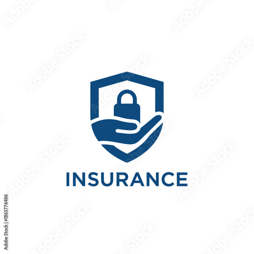 A blue and white insurance firm logo featuring a shield and lock icon