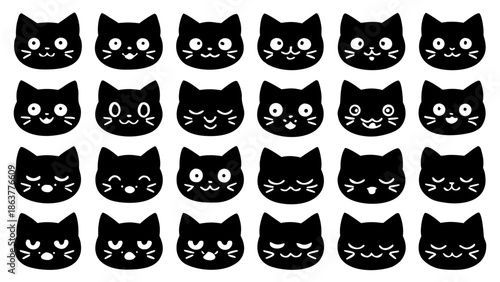 Collection of cute black cat faces with various expressions