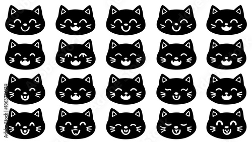 Set of cute black cat faces with happy expressions