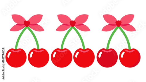 Vibrant cherries with pink flowers on green stems