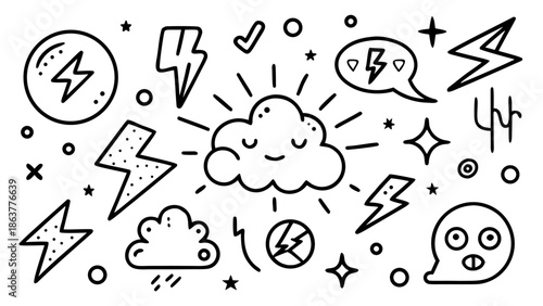 Whimsical doodle cloud with lightning bolts and stars