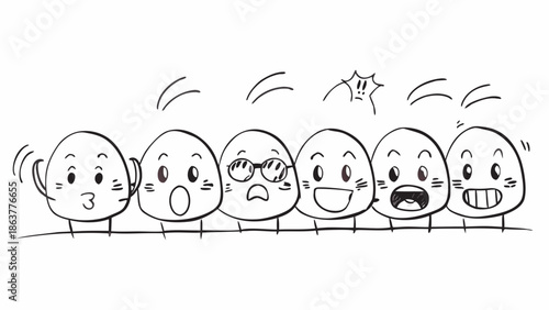 Diverse cartoon faces expressing various emotions in a row