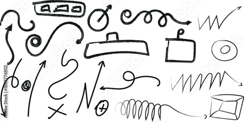 A collection of abstract black line drawings and symbols on a white background