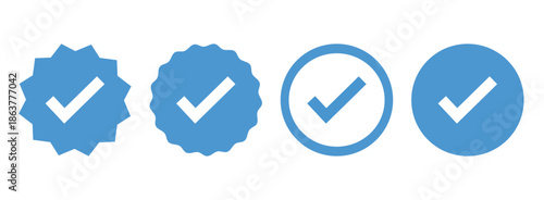 Blue checkmark badge icons set. Verified approval symbol design. Quality confirmation tick marks. Modern UI status elements