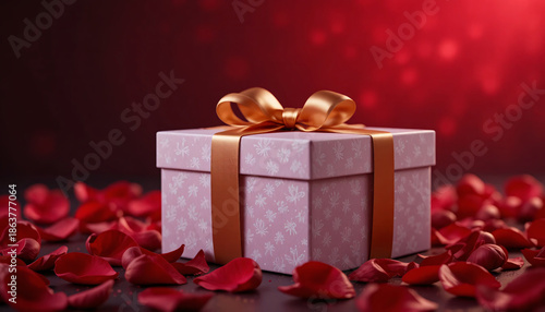Romantic valentine's day gift box with roses and red petals, elegant present with gold ribbon