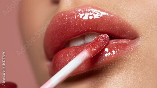 Close-up of a person's lips applying shiny lip gloss with soft focus