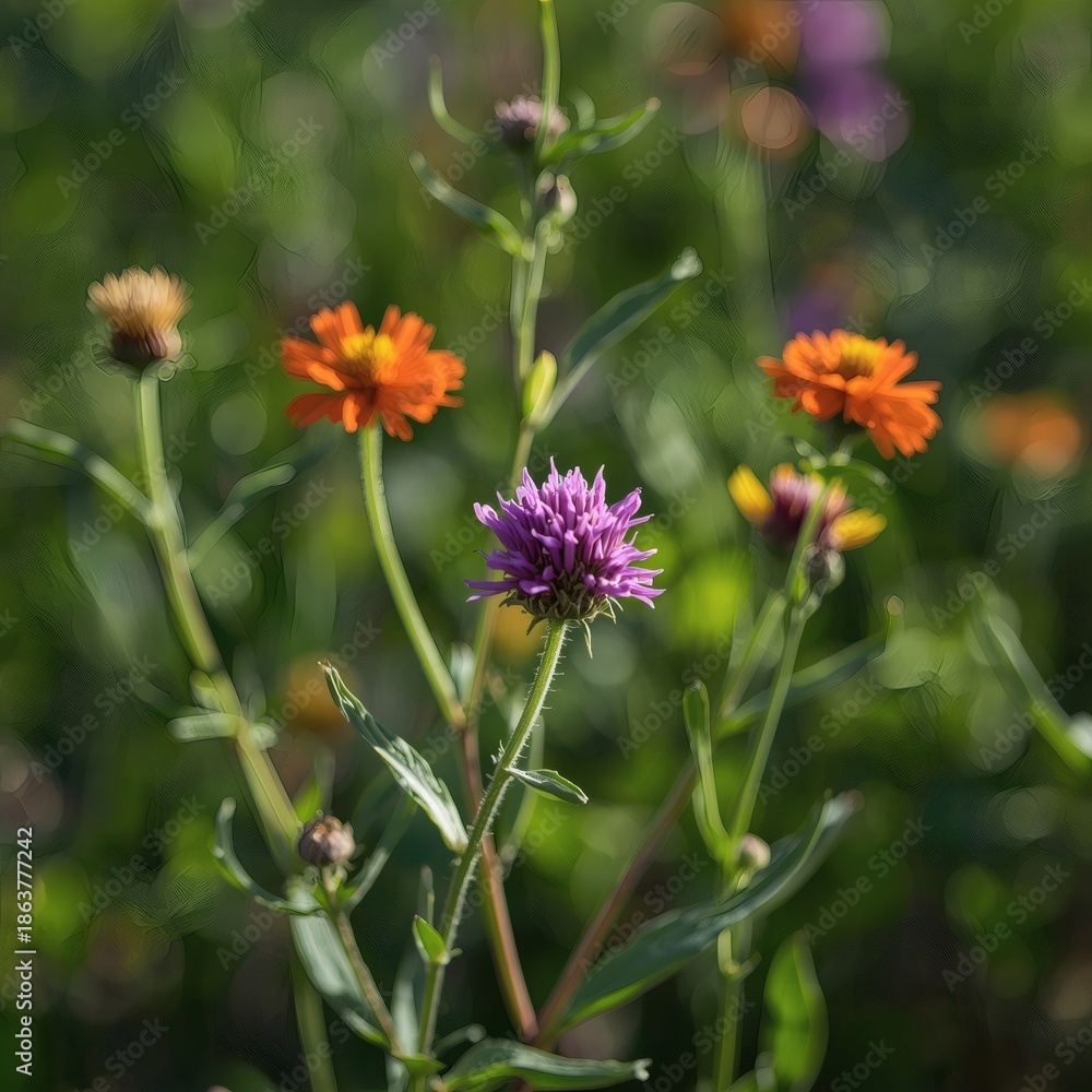 Obraz premium Various wildflowers blooming in a meadow on a sunny day