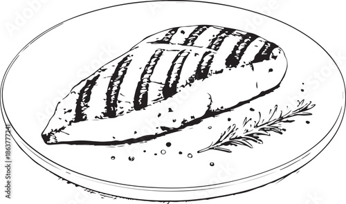 Grilled Chicken Breast Fillet Steak with Herb Protein Dish Hand-drawn Sketch Drawing Vector Illustration, Line Linear Symbol Engraving Coloring Book, Black and White Isolated
