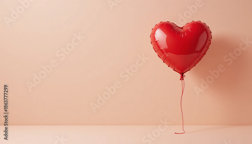 A single red heart shaped balloon tied with a string on a peach background for valentines day
