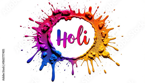 Colorful splash of powder with the word Holi in vibrant hues  